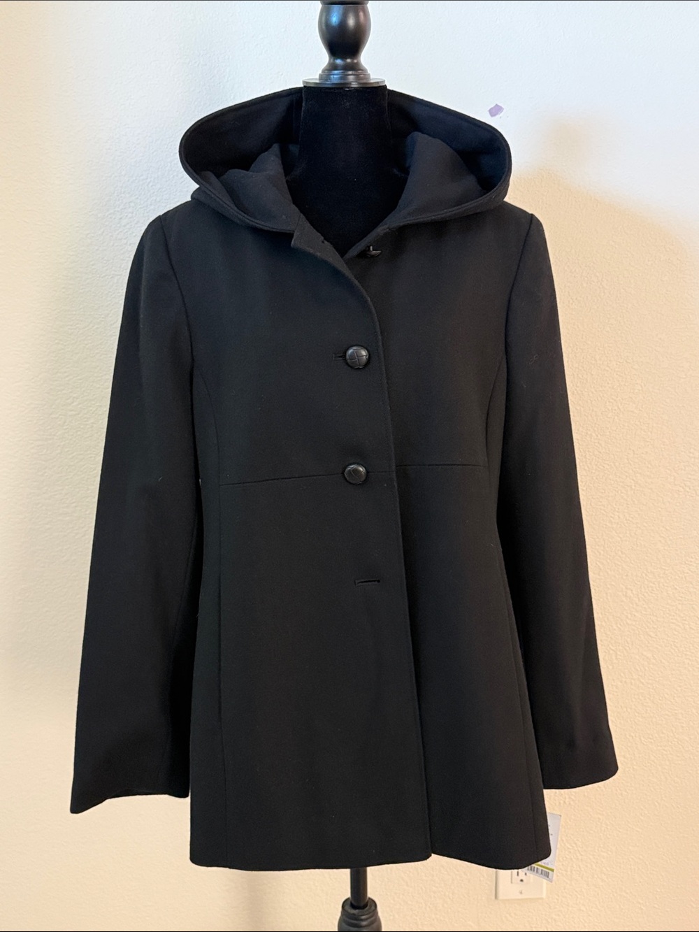 Larry Levine Black Hooded Wool  Coat